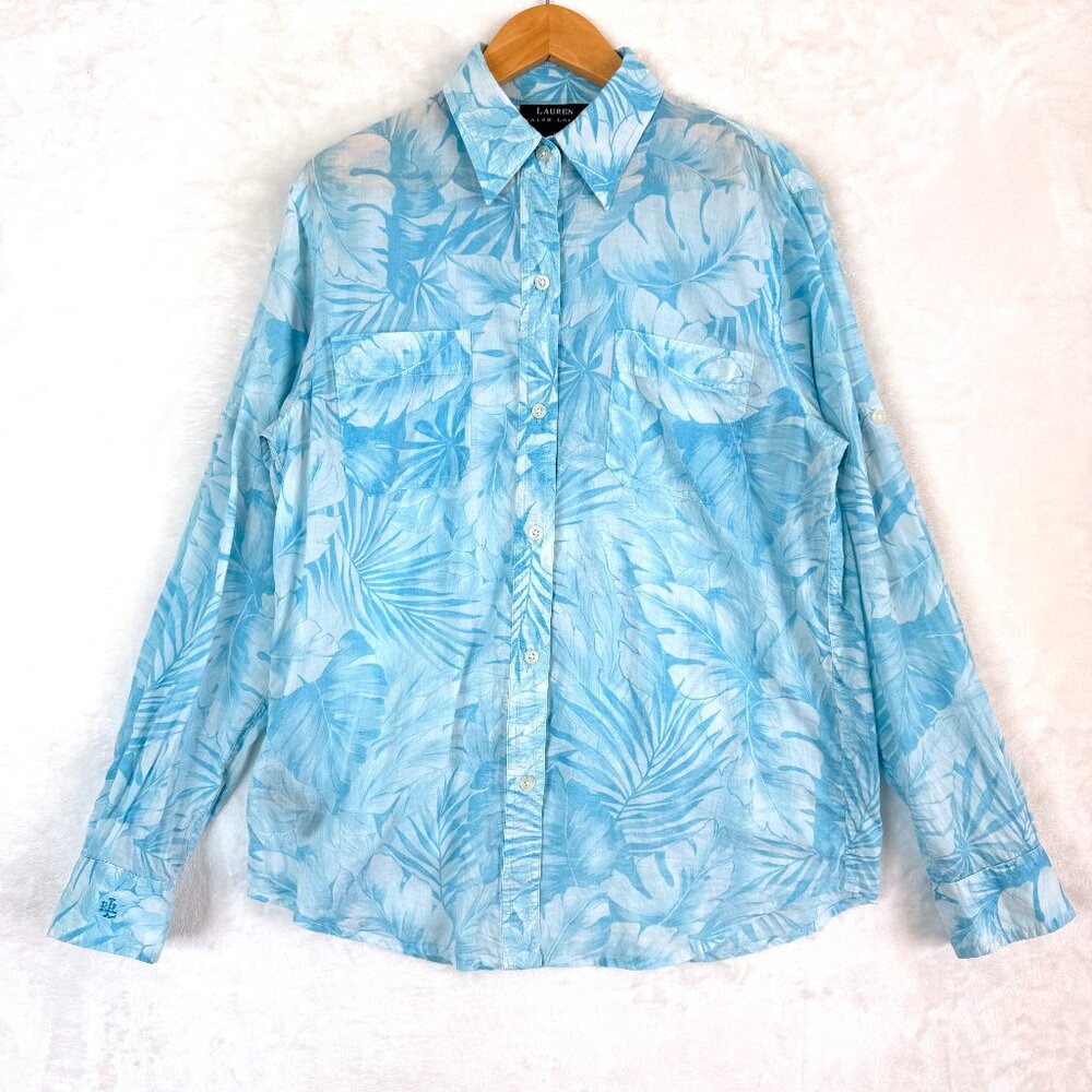 LAUREN RALPH LAUREN Floral Cotton Resort Office Button Front Roll Tab Blouse S